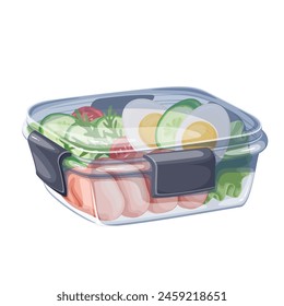 Glass lunch food container, cartoon lunchbox snack for eating on school break. Reusable transparent pot with lid and healthy meal for lunch or dinner time, cartoon rectangular box vector illustration