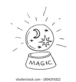Glass magic ball. Witchcraft attributes.  Hand drawn element design. Vector illustration in the Doodle style. Isolated object on a white background. 