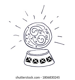 Glass magic ball. Witchcraft attributes.  Hand drawn element design. Vector illustration in the Doodle style. Isolated object on a white background. 