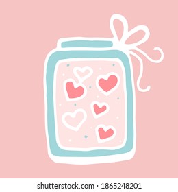 
Glass magic jar with hearts, Cute bottle symbol for lovers, Magic container with love and passion, C ticker for lovers, Hand draw, Doodle style.