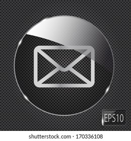 Glass mail button icon on metal background. Vector illustration