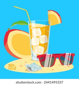 glass of mango drink on the beach mango,vector, vacation, summer, illustration, EPS10