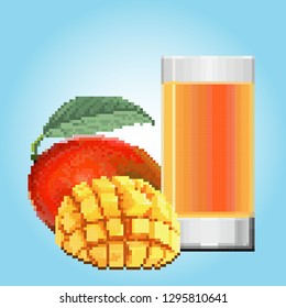 A glass of mango juice, cut fruit and whole. Pixel art on a light blue gradient background.