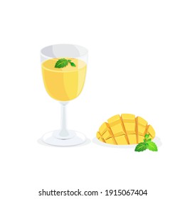 A glass of mango juice and fresh mango.