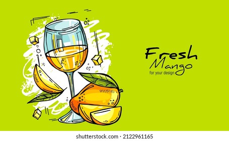 
A glass of mango juice and pieces of fruit. Hand drawn vector sketch