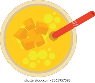 Glass of mango smoothie with straw top view, mango juice top view.