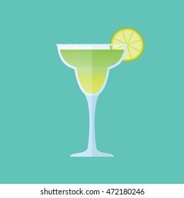 Glass of margarita cocktail with lime slice isolated on background. Flat style icon. Vector illustration.