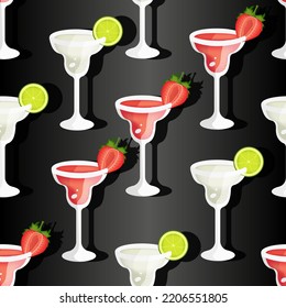 Glass with a margarita cocktail pattern with a slice of lime and strawberry on a stylish black background. Vector illustration with green and red alcohol cocktail with tequila, citrus and shadow.