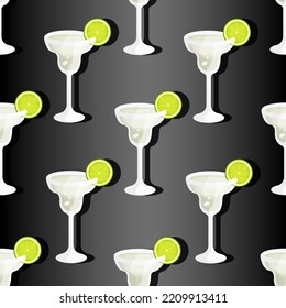 Glass with a margarita cocktail pattern with a slice of lime on a stylish black background. Vector illustration with green alcohol cocktail with tequila, citrus and shadow.