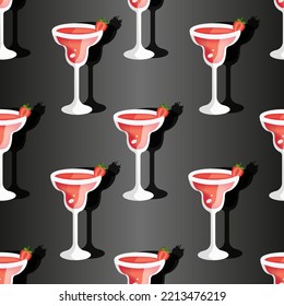 Glass with a margarita cocktail pattern with a slice of strawberry on a style black background. Vector illustration with red alcohol cocktail with tequila, berry and shadow.