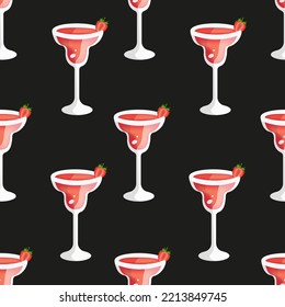 Glass with a margarita cocktail pattern with a slice of strawberry on a stylish black background. Vector illustration with red alcohol cocktail with tequila and berry.