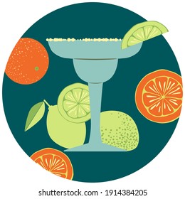 Glass of Margarita cocktail with a slice of lime and oranges round vector illustration