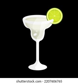 A glass with a margarita cocktail with a slice of lime on black background. Vector illustration with green alcohol cocktail with tequila and citrus.