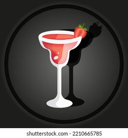 A glass with a margarita cocktail with a slice of strawberry on a style black background. Cut out paper vector illustration with red alcohol cocktail with tequila and berry with green leaf and tail.