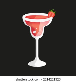 A glass with a margarita cocktail with a slice of strawberry on black background. Vector illustration with red alcohol cocktail with tequila and berry.