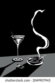 Glass of martini, ashtray with smoking cigarette and lighter lie on the table, vector illustration in black and white color