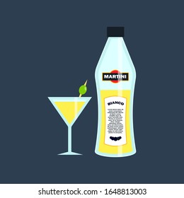 A glass of martini and a bottle of martini in a flat style. Vector.