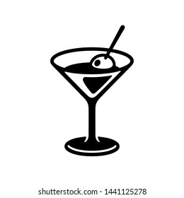 Glass of martini cocktail with olive. Black and white drink icon, simple and stylish bar logo. Isolated vector clip art illustration.