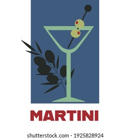 Glass of martini cocktail with olives retro vector illustration