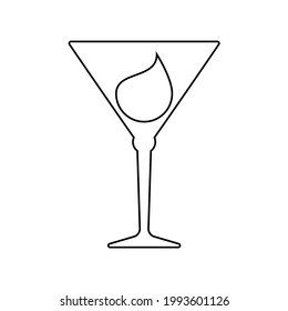 Glass martini with a drop of drink inside. Contour line art in flat style. Restaurant alcoholic illustration for celebration design. Beverage outline icon. Isolated on white background. Vector.
