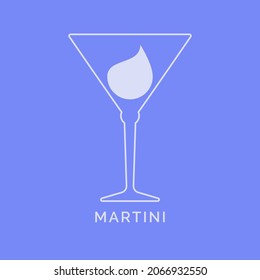 Vidrio martini con una gota de bebida dentro. Dibujo de línea de contorno en estilo plano. Ilustración alcohólica de restaurante para el diseño de celebración. Icono de esquema de bebida. Aislado en el fondo del color.
