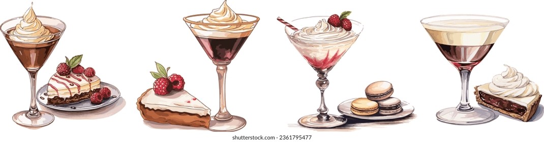 A glass of Martini and a French dessert, hand drawn vector illustration, white background