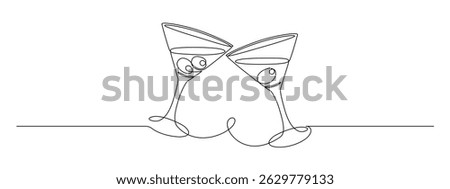 Glass of martini with olives in continuous one line drawing. Margarita toast and cheers in simple linear style. Alcohol and cocktail drink menu in editable stroke. Doodle outline vector illustration