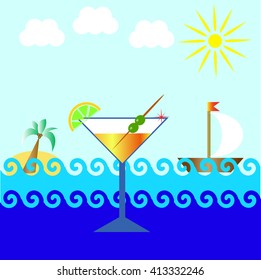 glass of martini with olives and a lemon on a background of the sea, palm trees, boat, sun and clouds