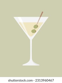 A glass of martini with olives on a skewer on a green olive background. Flat vector illustration