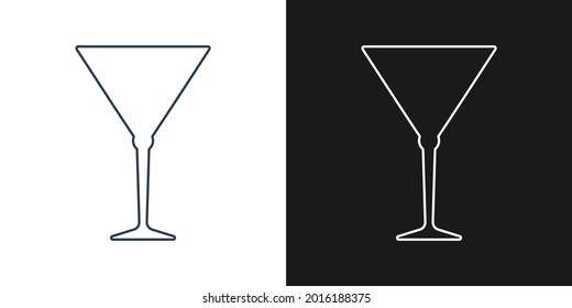 Glass martini. Two types of images. Contour line art in flat style. Silhouette wine glasses on a black background. Restaurant alcoholic illustration for celebration design. Beverage outline icon.
