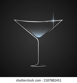 Glass of martini vector flat illustration. Silver shining line art on black background. Best for web, logo, posters, cards, bar decoration, menu concept and branding design.