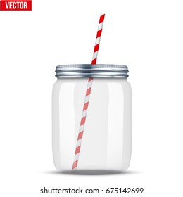 Glass Mason Jar for cocktail and lemonade and smoothie. For bar and restaurant menu. Vector Illustration isolated on white background.