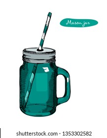 Glass Mason Jar with handle, drinking straw for cocktail and lemonade and smoothie. For bar and restaurant menu. Vector Illustration isolated on white background