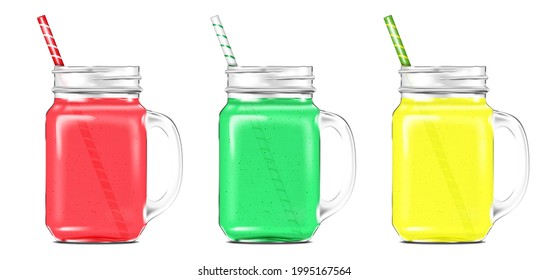 Glass mason jar with handle and drinking straw filled with smoothie or natural juice isolated on white background. Realistic vector illustration