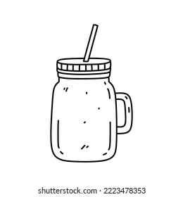 Glass mason jar with handle and drinking straw isolated on white background. Vector hand-drawn illustration in doodle style. Perfect for decorations, logo, various designs.