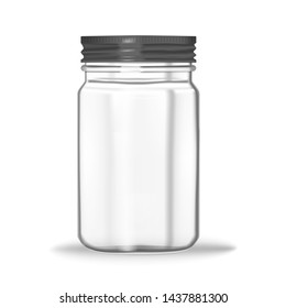 Glass mason jar isolated on white background, vector mock-up. Clear food container with screw metal lid, realistic illustration.