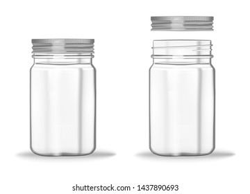 Glass Mason Jar With Screw Metal Lid, Vector Mockup. Clear Empty Food Container - Closed And Opened, Realistic Illustration.