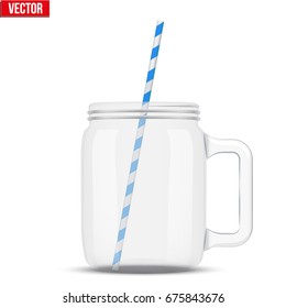 Glass Mason Jar without cap with handle for cocktail and lemonade and smoothie. For bar and restaurant menu. Vector Illustration isolated on white background.