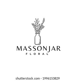 Glass Masson Jar With Plant Floral Leaves Botanical Flower Drawing Logo Vector Illustration Template Icon 