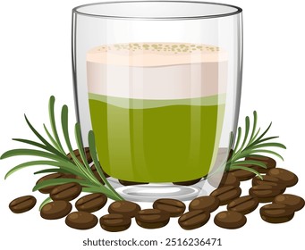 Glass of matcha latte surrounded by coffee beans