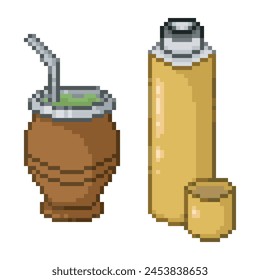 Glass of mate tea and thermos with warm water, pixel art drink