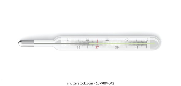 Glass medical thermometer with mercury Celsius scale showing the temperature of healthy person, realistic vector illustration isolated on white background.