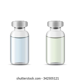 Glass medical vials with drug solution, 3d realistic vector of medical lab tools, eye drops container, eps 10