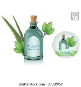 Glass medicine bottle with cork, aloe and ginseng plants, holistic or alternative medicine