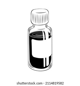 Glass medicine bottle with liquid mixture inside. Vintage sketchy jar with empty label isolated on white background. Vector illustration.