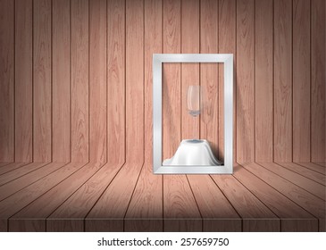 glass in metal brushed picture frame on wood