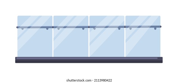 Glass and metal fence. Modern balcony and terrace fencing, railing. Iron handrail with plexiglass panels. Steel banister. Architecture element. Flat vector illustration isolated on white background