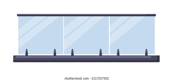 Glass and metal fence. Modern steel and plexiglass fencing, railing. Balcony banister. Handrail piece. Enclosure, architecture element. Realistic flat vector illustration isolated on white background