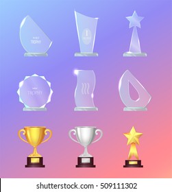 Glass and metal sports trophies and cups vector illustrations isolated on background set. Competition award trophies. Prize for victory trophies. Symbol of leadership. For business, sport, concepts