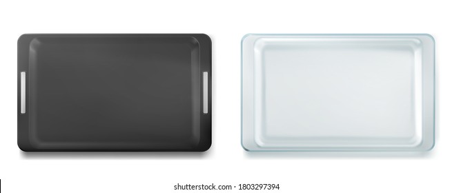 Glass and metal trays for baking top view, empty tin and glassware clean pans, isolated forms. Kitchen utensil for oven, refractory dishes for raw dough, bake cooking, Realistic 3d vector illustration